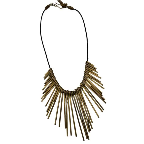 Brass Tone Spike Pins Leather Cord Statement Bib Necklace Unbranded Egyptian - Picture 6 of 8